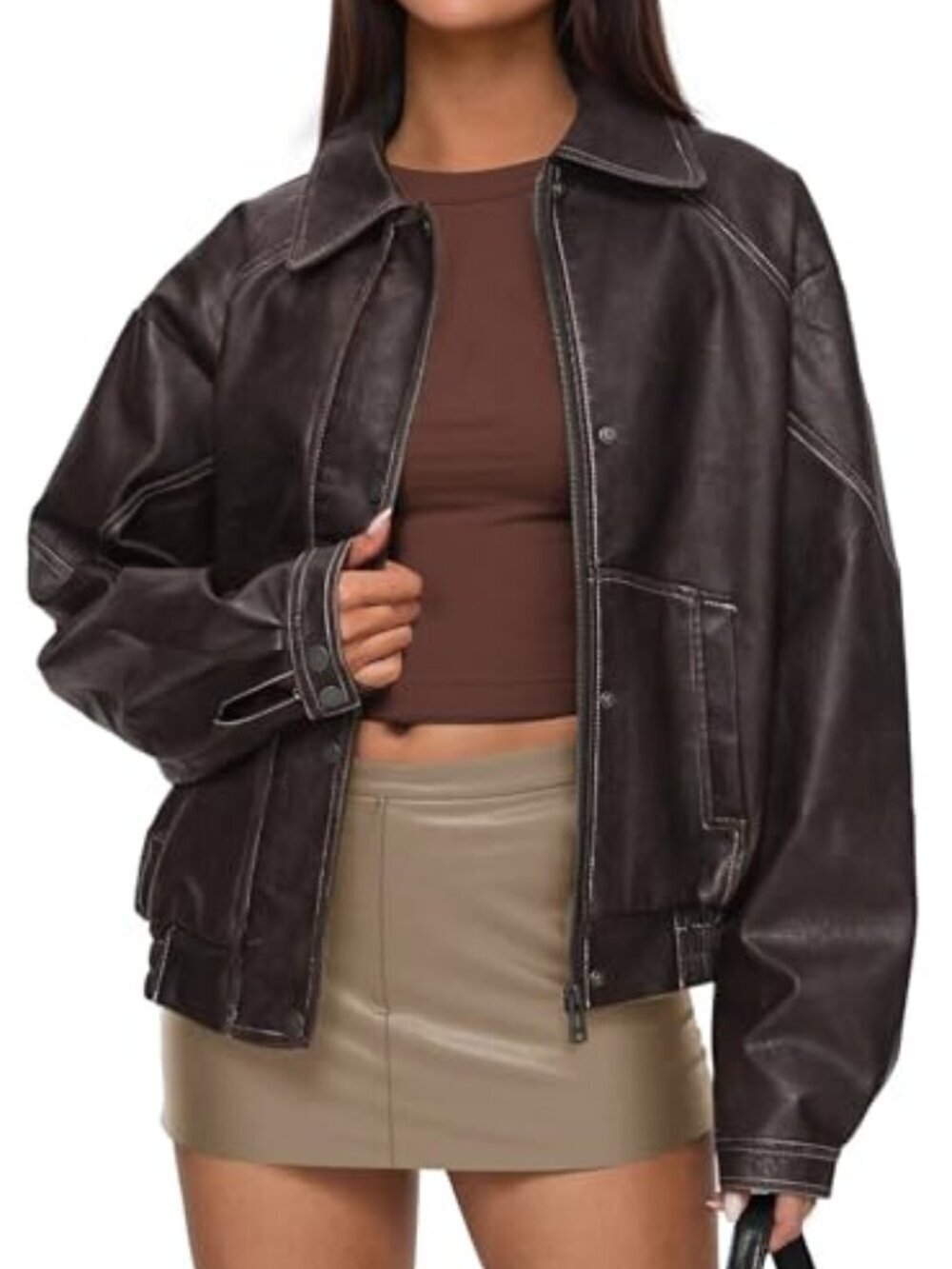 🆕 Faux Leather Jacket Women Bomber Motorcycle Zip Up Jackets Oversized Fall